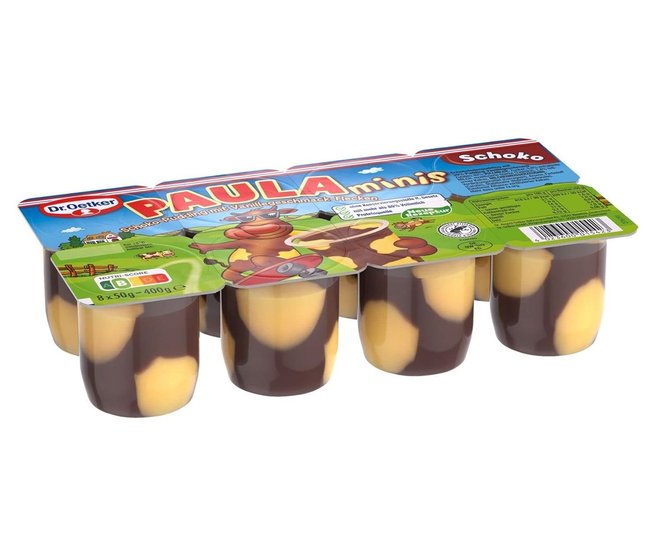 Kinder-Dessert-Test - Dr. Oetker Paula minis Schoko-Pudding mit Vanillegeschmack-Flecken