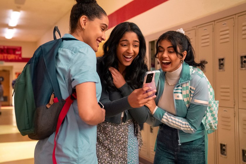 Never Have I Ever. (L to R) Lee Rodriguez as Fabiola Torres, Maitreyi Ramakrishnan as Devi, Ramona Young as Eleanor Wong in episode 410 of Never Have I Ever. Cr. Lara Solanki/Netflix © 2023
