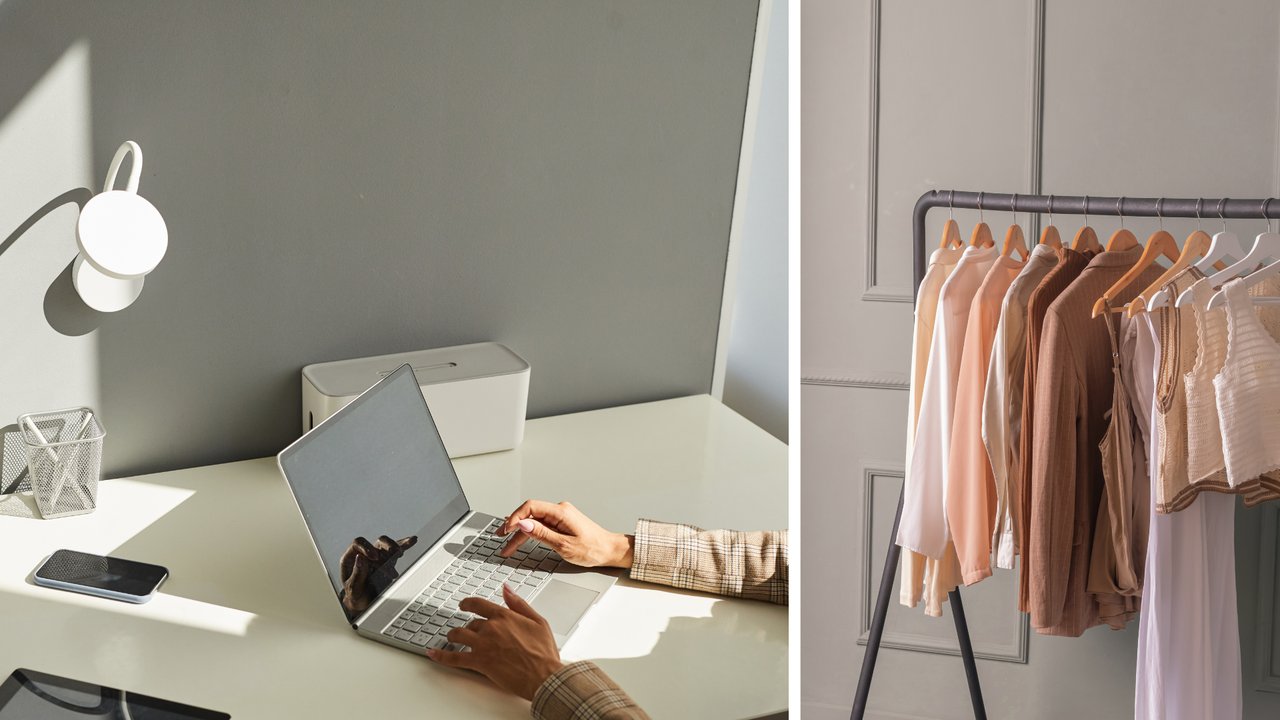 Links ein cleaner weißer Arbeitsplatz, rechts eine minimalistische Garderobe