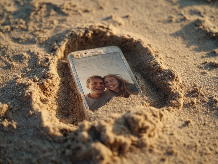In einem Sandloch ist ein Handy mit einem Pärchen-Foto vergraben