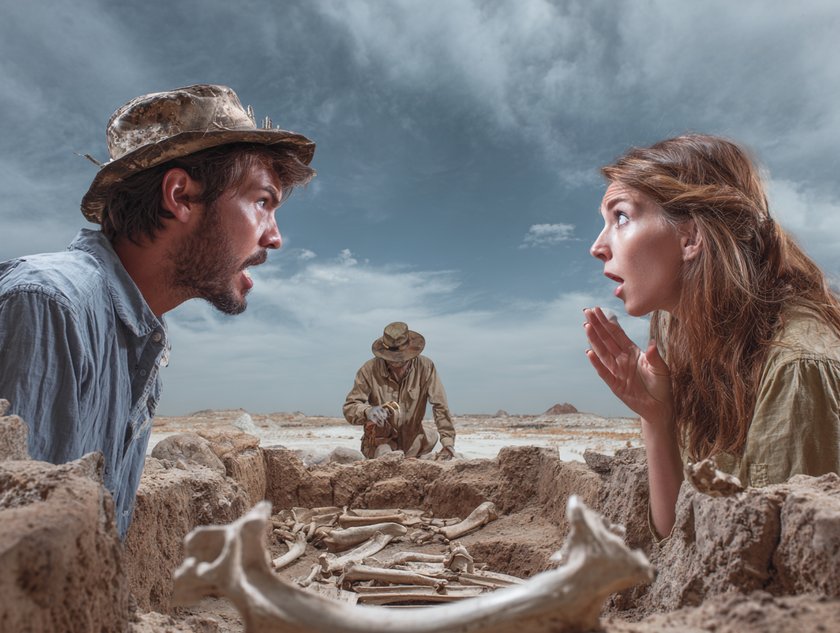 Paar streitet sich, während Archäologe Knochen ausgräbt