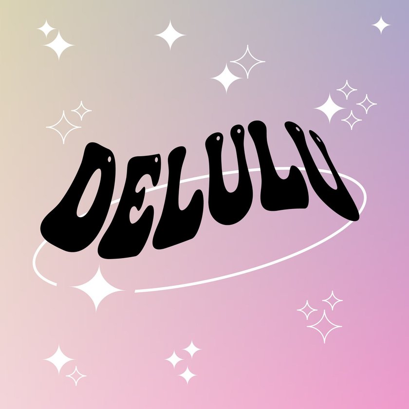Delulu vor rosa Hintergrund