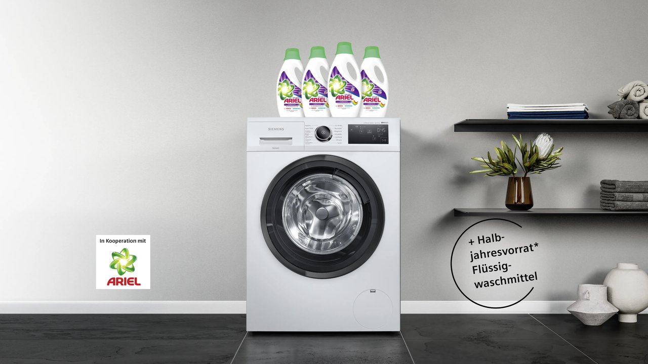 Siemens-Aktion bei MediaMarkt: Gratis-Waschmittel zu ausgewählten Waschmaschinen sichern.