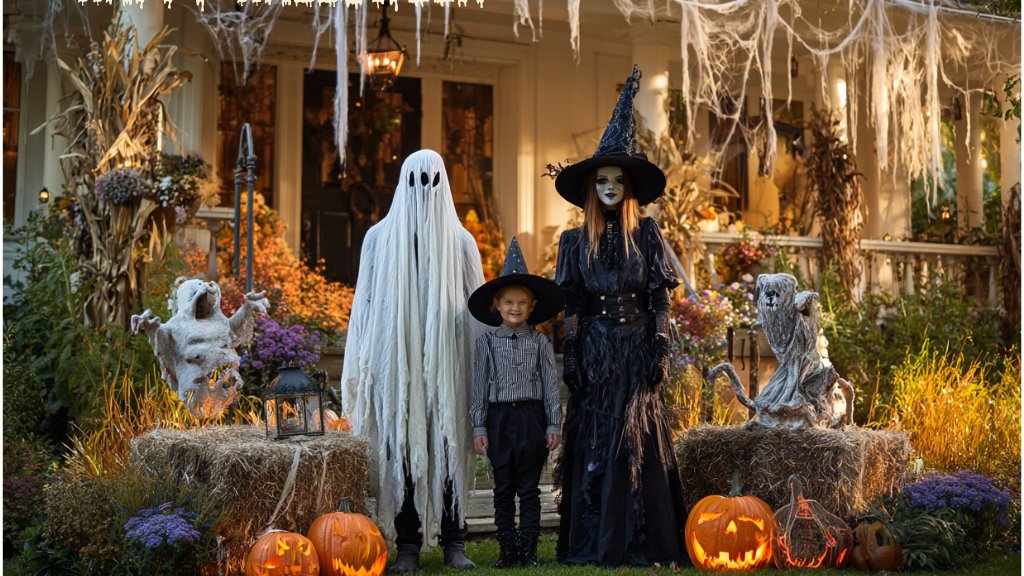 Halloween Garten: Familie steht in einem gruselig dekorierten Garten