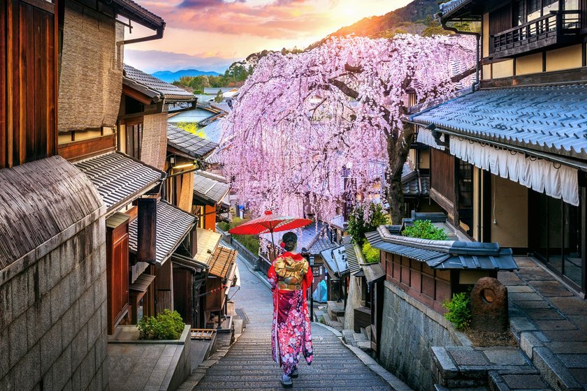 Frau in traditionellem Kimono auf der Straße mit Kirschblüten