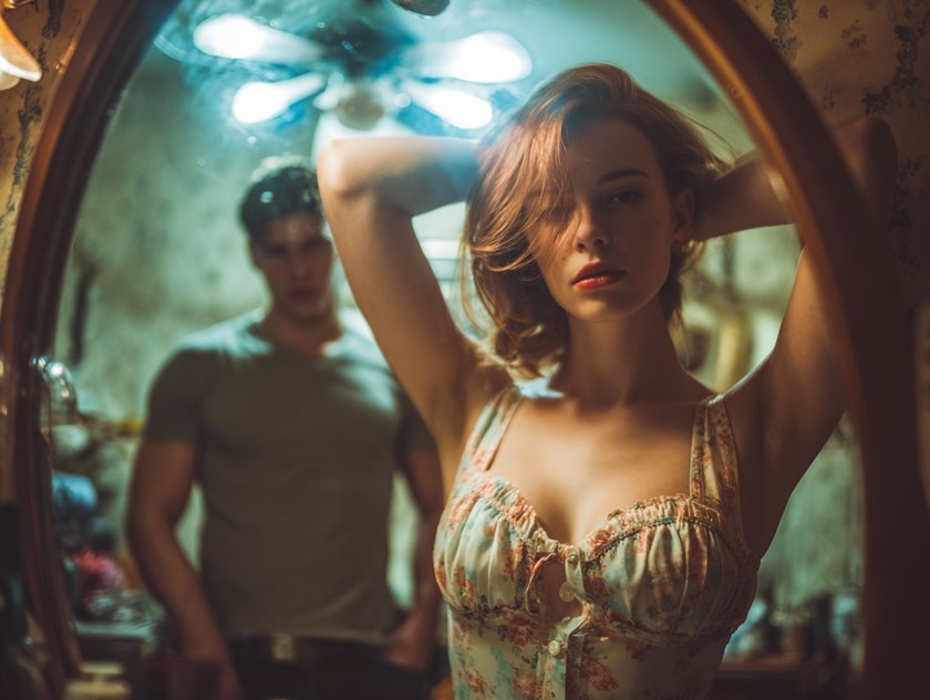 Untreue-Anzeichen in einer Beziehung: Frau macht sich vor dem Spiegel zurecht