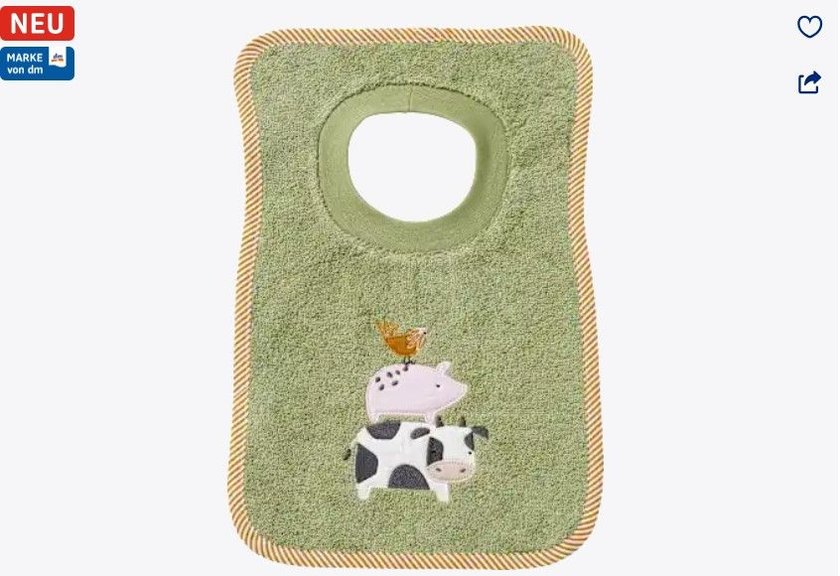 Das Lätzchen mit Bauernhoftier-Motiv sieht lustig aus.