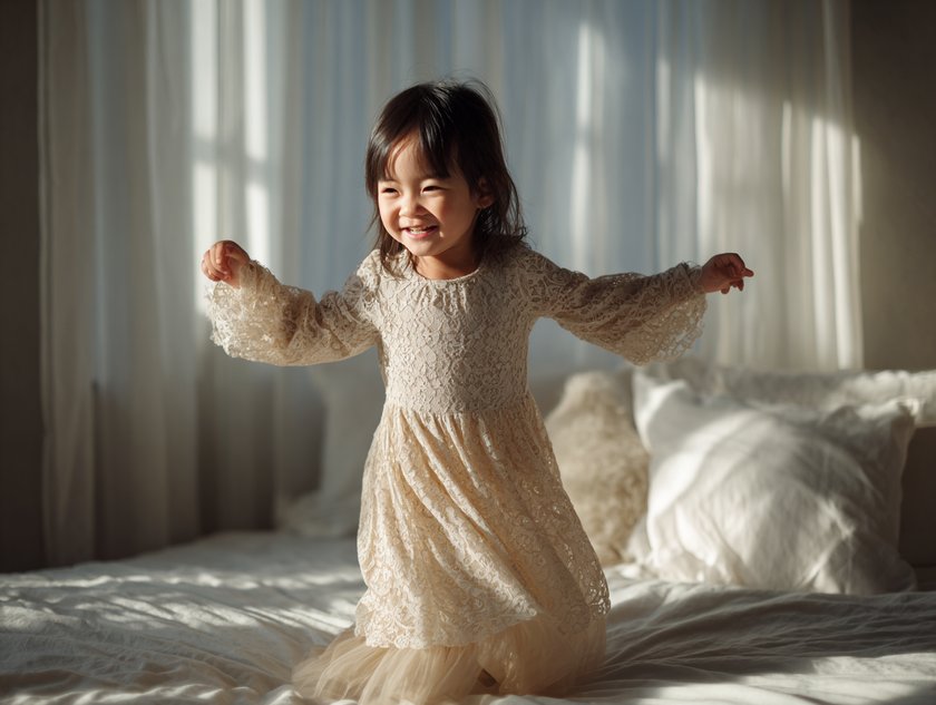 Asiatisches Kind spielt lachend in einem hellen Zimmer