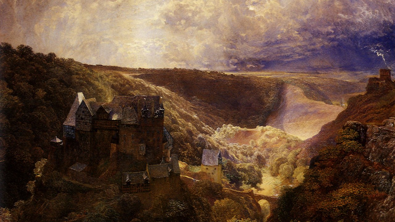 Burg Eltz auf einem Gemälde, das eine malerische Landschaft zeigt