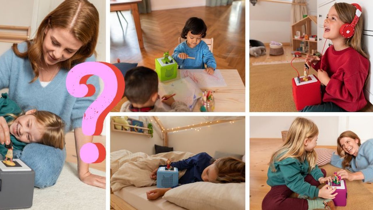 Toniebox Farben: Kinder und Erwachsene nutzen unterschiedlich farbige Tonieboxen in einer Collage zusammengefasst