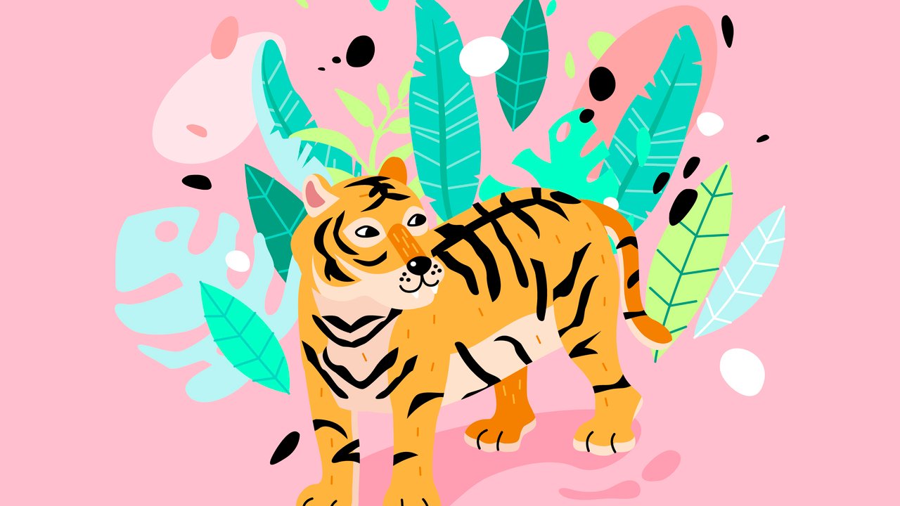 Vector trendy card with tiger on geometric jungle backround. Cute fat cat in child graphic style say roar.