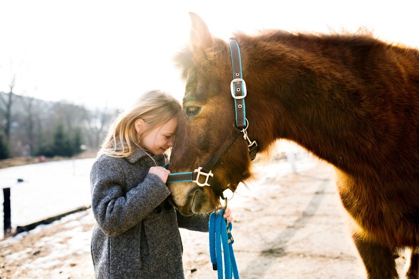 Young girl spending cold winter weekend on family farm, taking care of her brown fluffy pony, hugging him