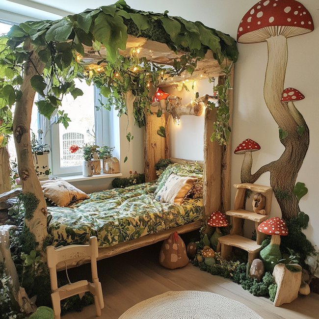 Goblincore Wohntrend: Ein Kinderzimmer mit einer Blätterhöhle als Bett und Pilzen an Wand und Regal