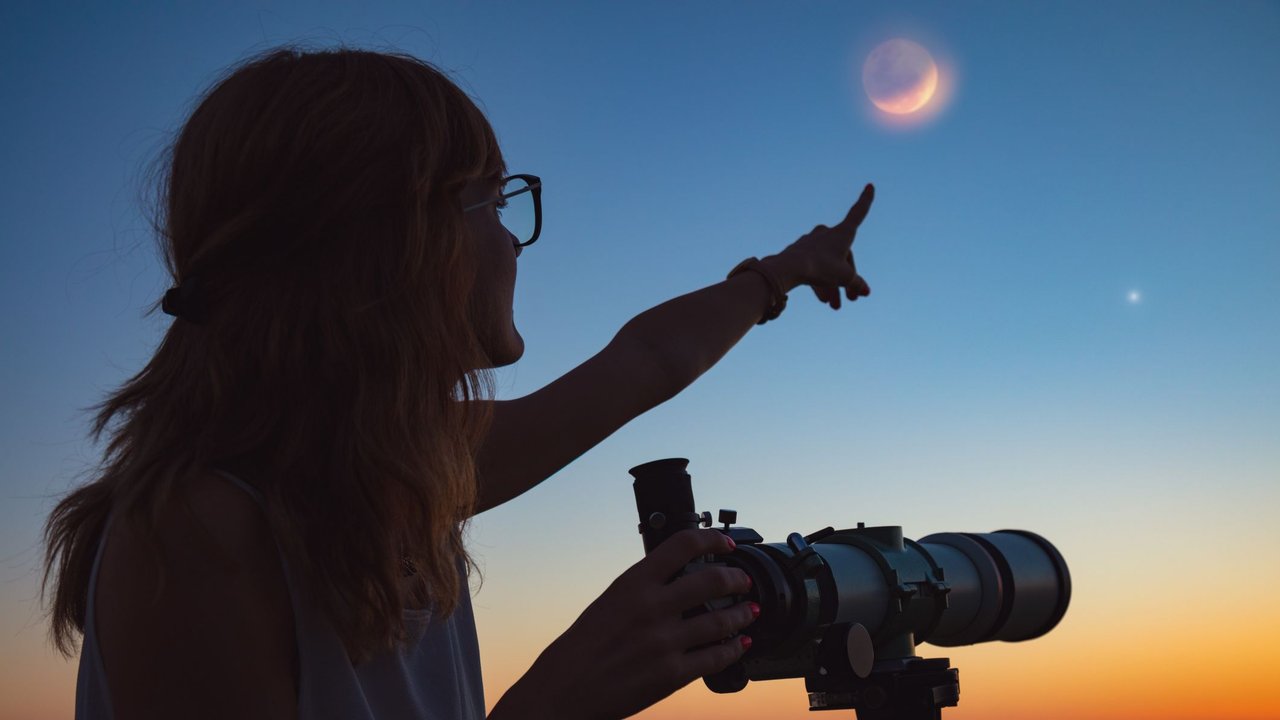 Mädchen beobachtet Mondfinsternis am Himmel bei Sonnenaufgang