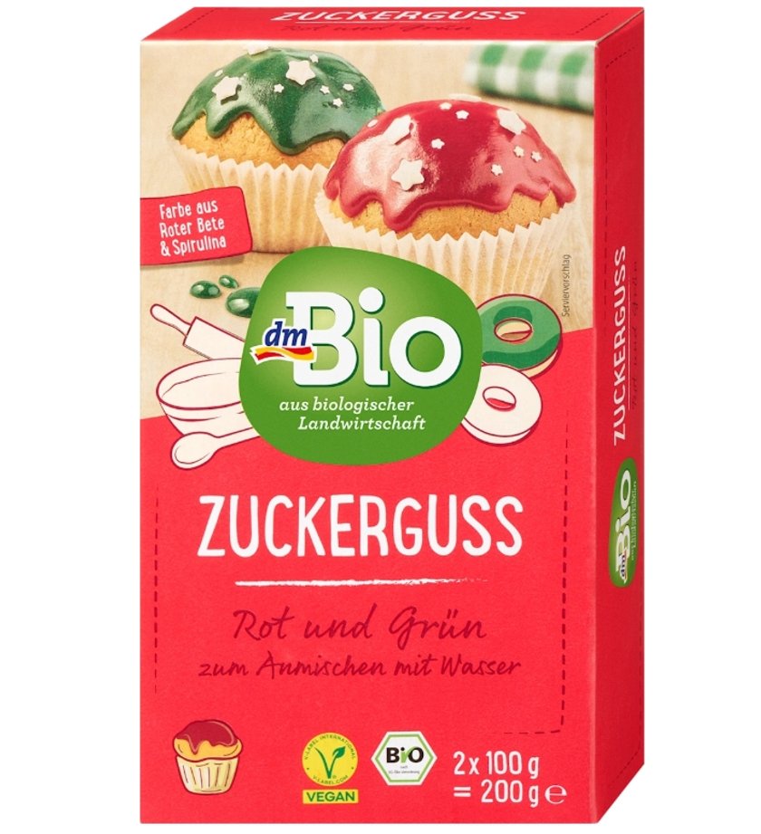 Bei dm gibt es jetzt diesen Zuckerguss in Rot und Grün.
