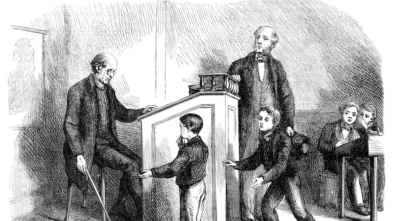 Schwarze Pädagogik: Junge wird von Lehrer bestraft, Illustration aus dem 19. Jahrhundert