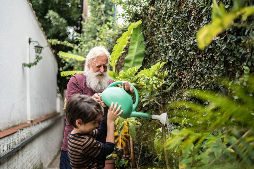 Warum Großeltern wichtig sind: Opa und Enkel gießen Blumen