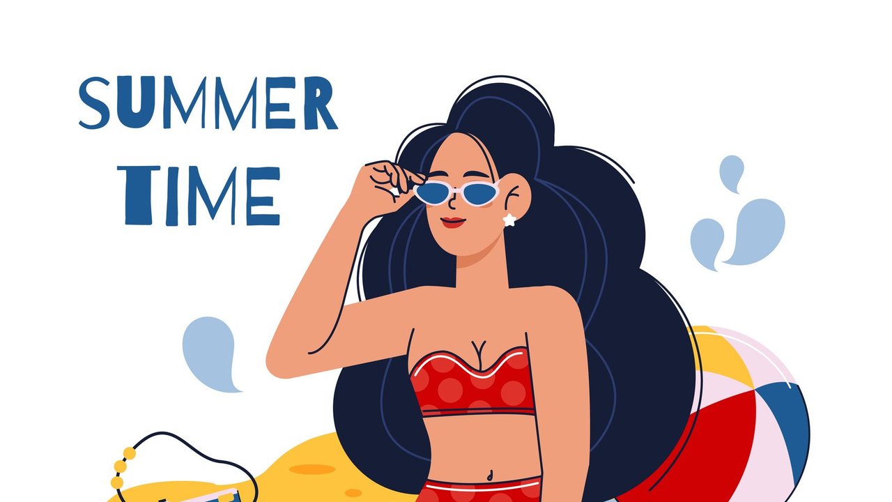 Hand drawn vector abstract stock graphic summer time cartoon,minimalistic style illustrations print with bohemian beautiful girl having picnic on the beach alone,isolated on white background