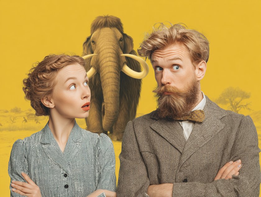 Ein Paar, das überrascht schaut, im Hintergrund ein Mammut