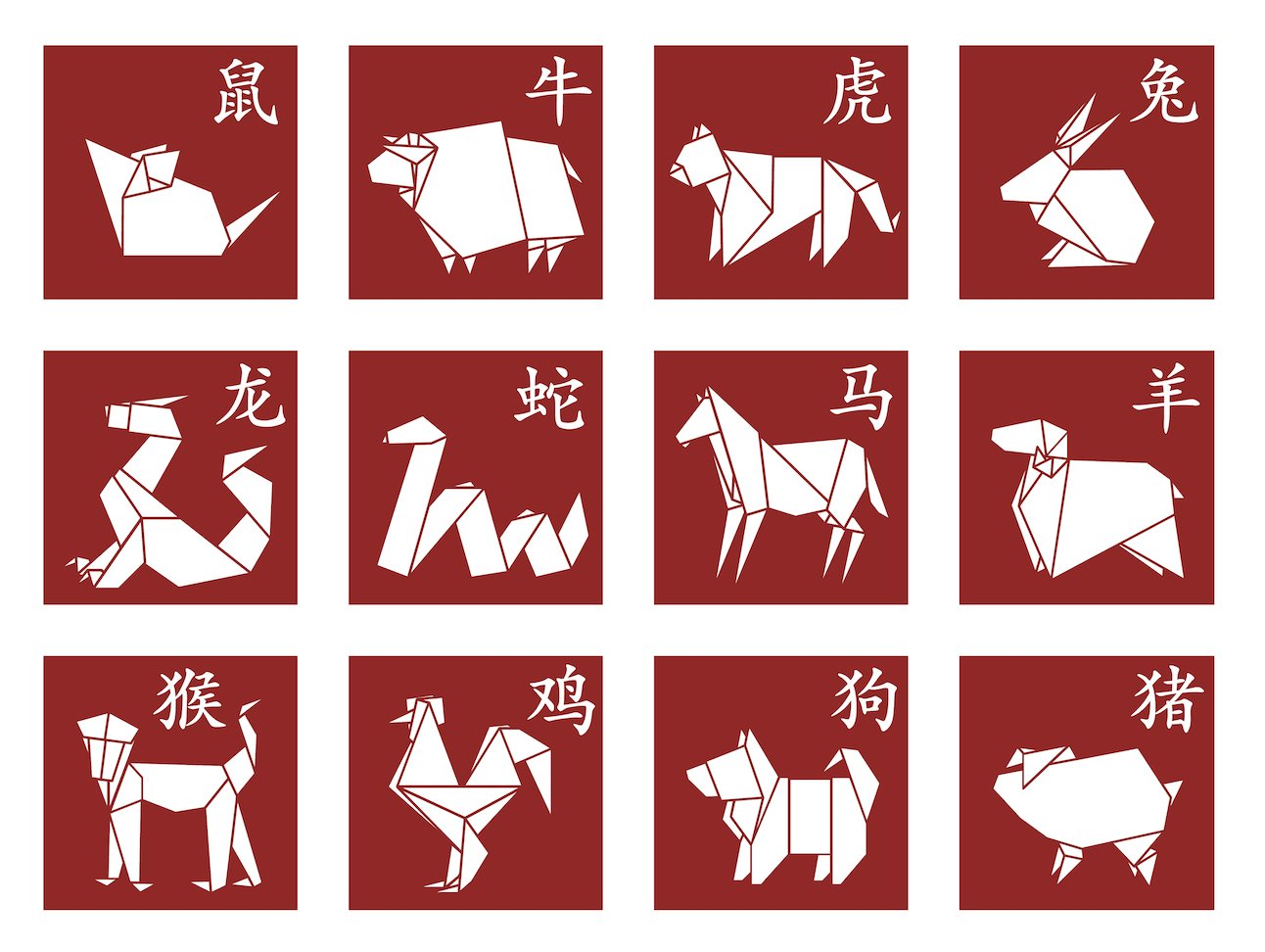 die zeichen des chinesischen Horoskops in origami