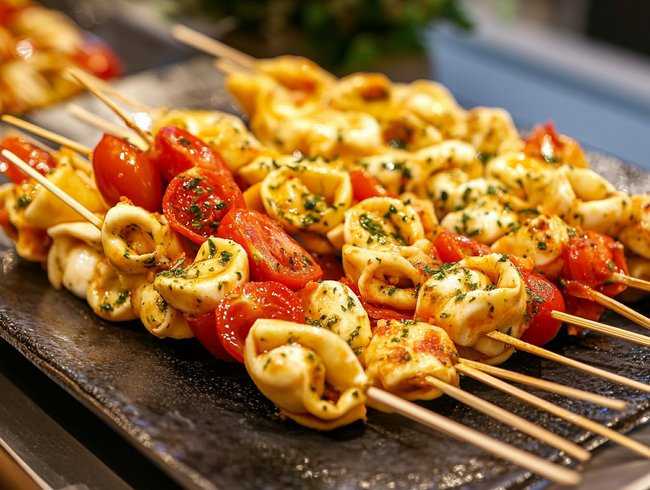 Fingerfood für Silvester: Tortellini-Spieße mit und ohne Mozzarella-Kugeln sind perfektes Fingerfood für eure Silvesterparty.