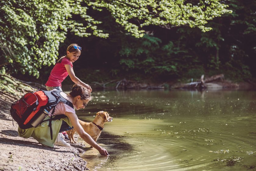 Eine Mutter und ihre Tochter machen einen Wanderausflug mit ihrem Hund an einen See