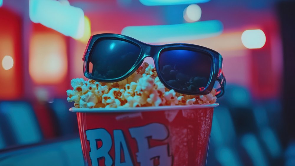 3D-Brille und Popcorn im Kino.