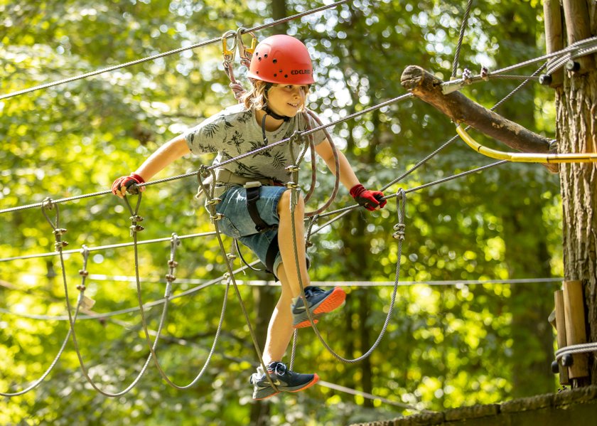 Klettergarten, Junge, 9 Jahre alt, mit Helm und Klettergurt, auf einem Kletter Parcours in einem Wald,  Climbing garden, boy, 9 years old, with helmet and harness, on a climbing course in a forest, 