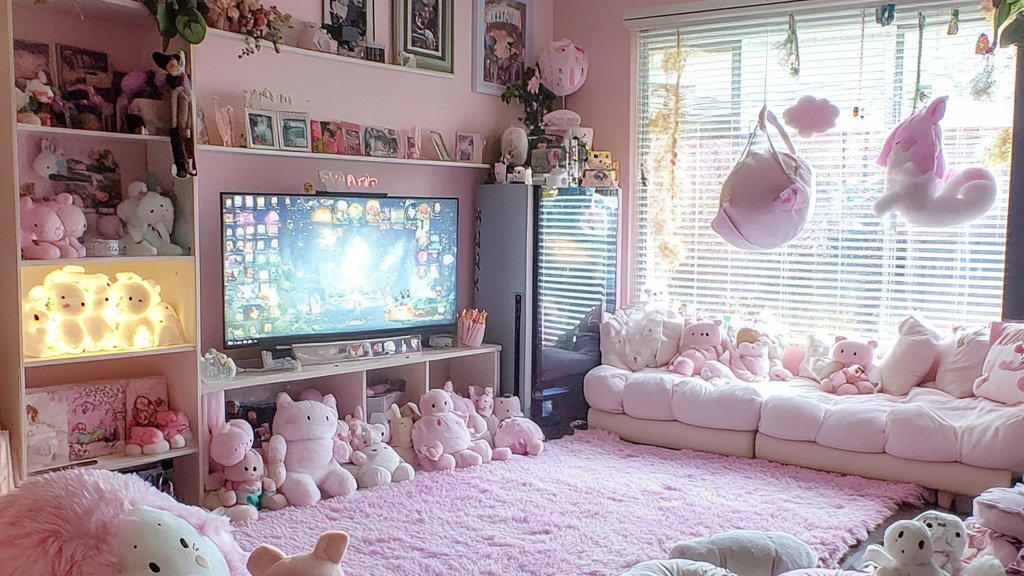 Eine rosa Wohnzimmer-Einrichtung mit TV-Station im Cutecore-Design