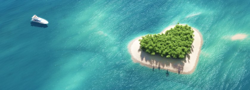 Eine paradiesische Herzinsel im blauen Meer.