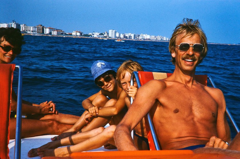 Historical Photo: Family members on a pedal boat around 1970 in Bibione, Italy Reproduction in Marktoberdorf, Germany, August 12, 2022.