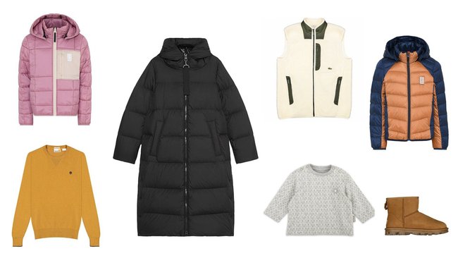 Auf dem Bild sind fünf verschiedene Kleidungsstücke für den Winter zu sehen.