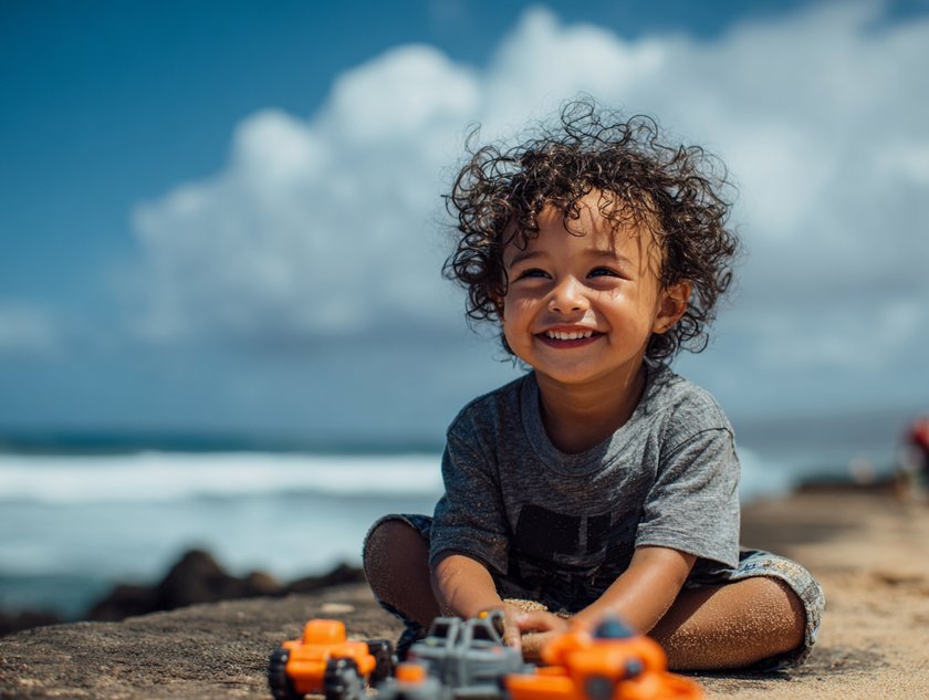 Kleiner Junge spielt mit Spielzeug am Strand in der Sonne