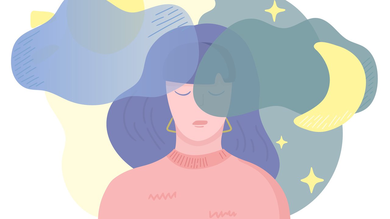 Mental disease illustration. Girl with sleep disorder problems and insomnia. Mental health weather concept. Vector illustration, cartoon flat style.