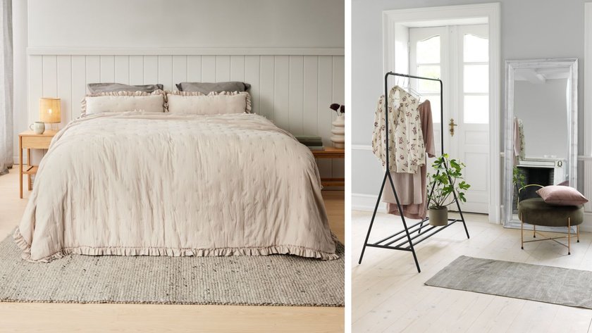Links JYSK Tagesdecke beige, rechts JYSK Kleiderständer und Spiegel