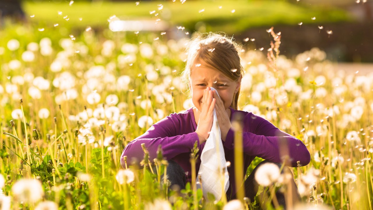 Junges Mädchen auf einem Feld hat Allergie