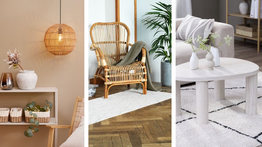 Links Rattan-Hängeschirm, mittig ein Sessel, rechts ein weißer Couchtisch
