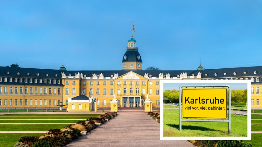 Das Karlsruher Schloss mit Postkarte vom Karlsruher Slogan: "Viel vor, viel dahinter"