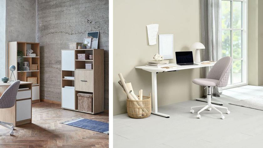 Links ein modernes Home-Office mit Bücherregalen, rechts Schreibtisch und Bürostuhl