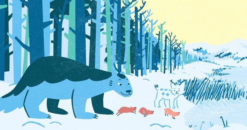 Weihnachten der Tiere: Der kleine Luchs und seine Freunde auf dem Weg zum tierischen Weihnachtsfest auf dem Berggipfel.