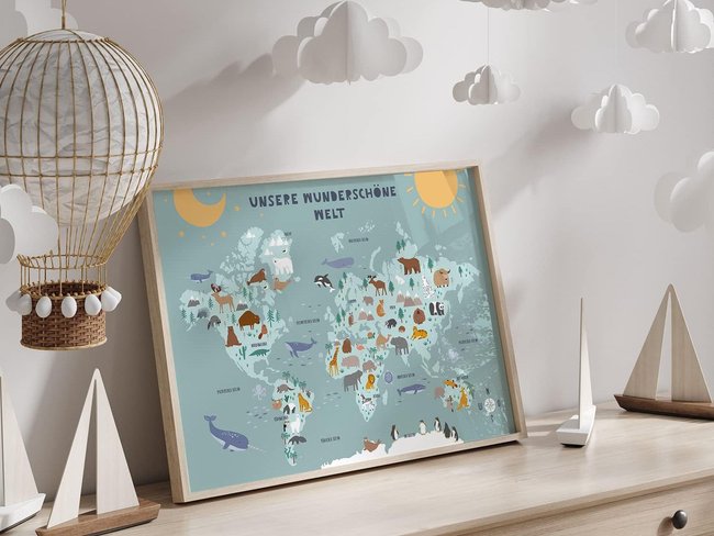 Weltkarte Kinder – MeinBaby123 Tierweltkarte für Kinder