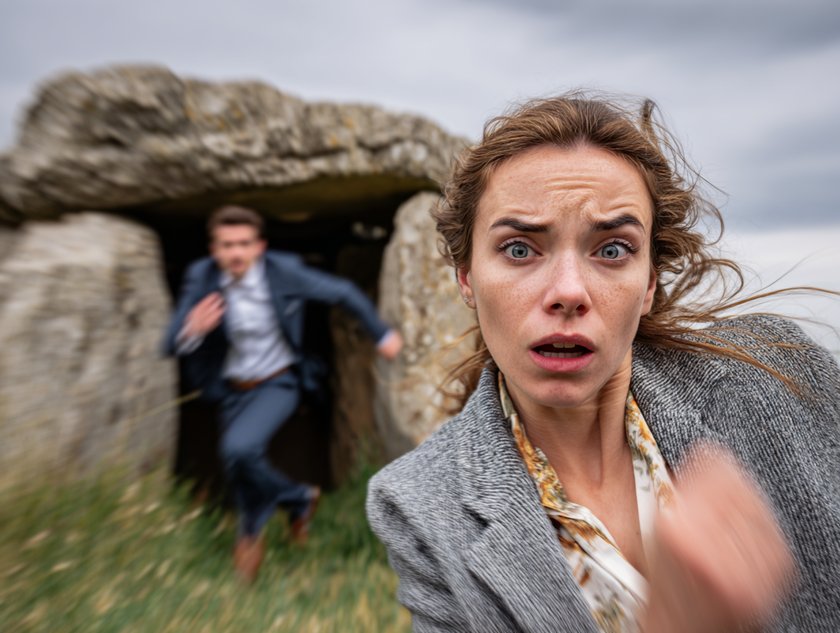 Frau flüchtet vor ihrem Partner, der aus einer Höhle kommt