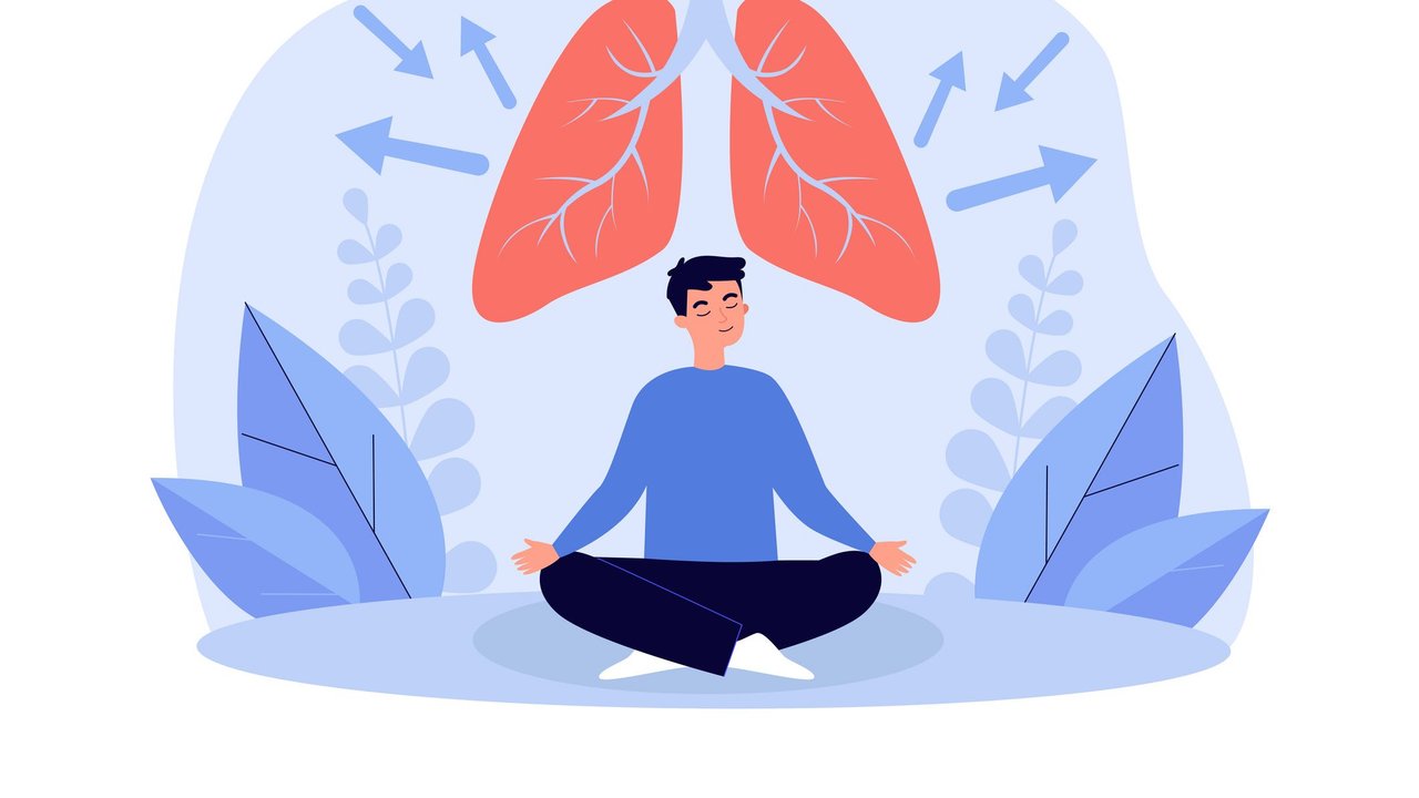 Man doing breathing exercises in lotus pose vector illustration. Cartoon drawing of male character meditating, lungs expanding and contracting. Anatomy, health, meditation, wellness concept