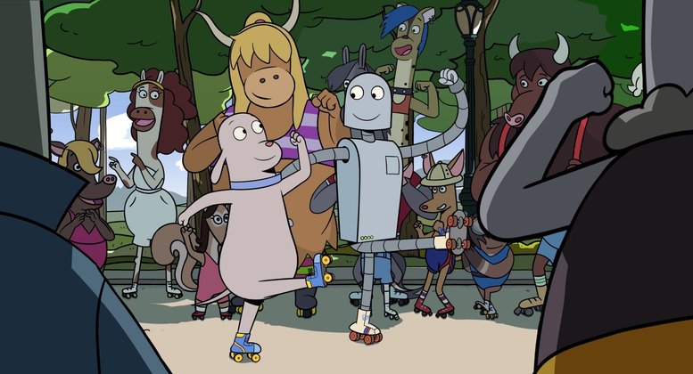 Film-Review "Robot Dreams": ROBO und HUND haben riesigen Spaß in der Rollschuh-Disco.