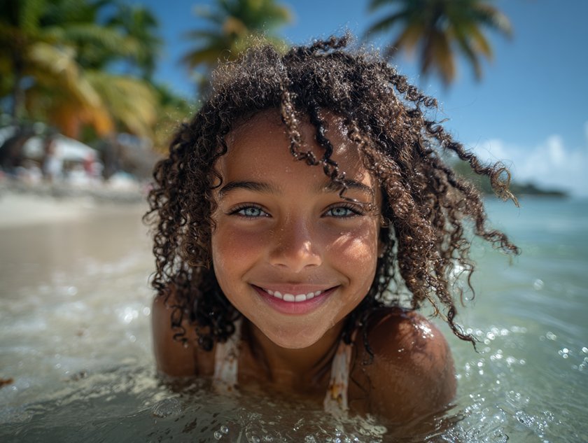 Junges Mädchen an einem tropischen Sandstrand