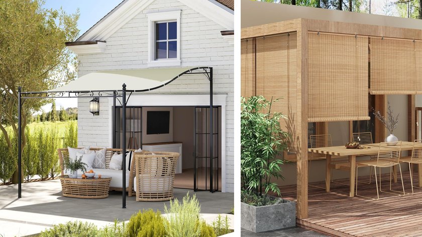 Links ein Anbaupavillon, rechts ein Bambusrollo