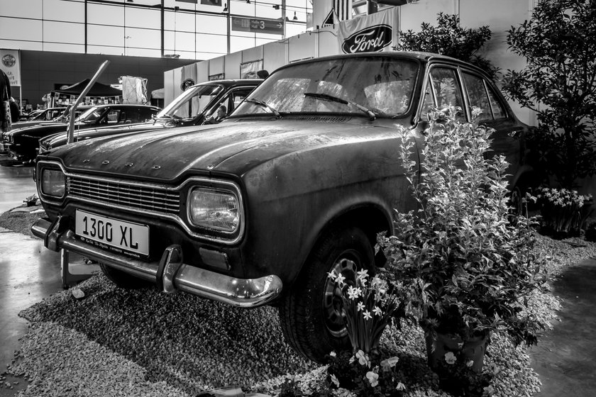 STUTTGART, GERMANY - MARCH 03, 2017: Small family car Ford Escort MK1 1300 XL, 1970. Black and white. Europe's greatest classic car exhibition "RETRO CLASSICS"