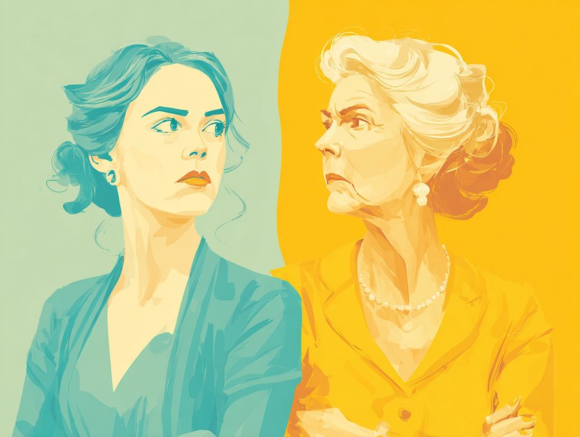 Schwiegermutter-Fehler: Illustration von Frau und Schwiegermutter, die sich streiten