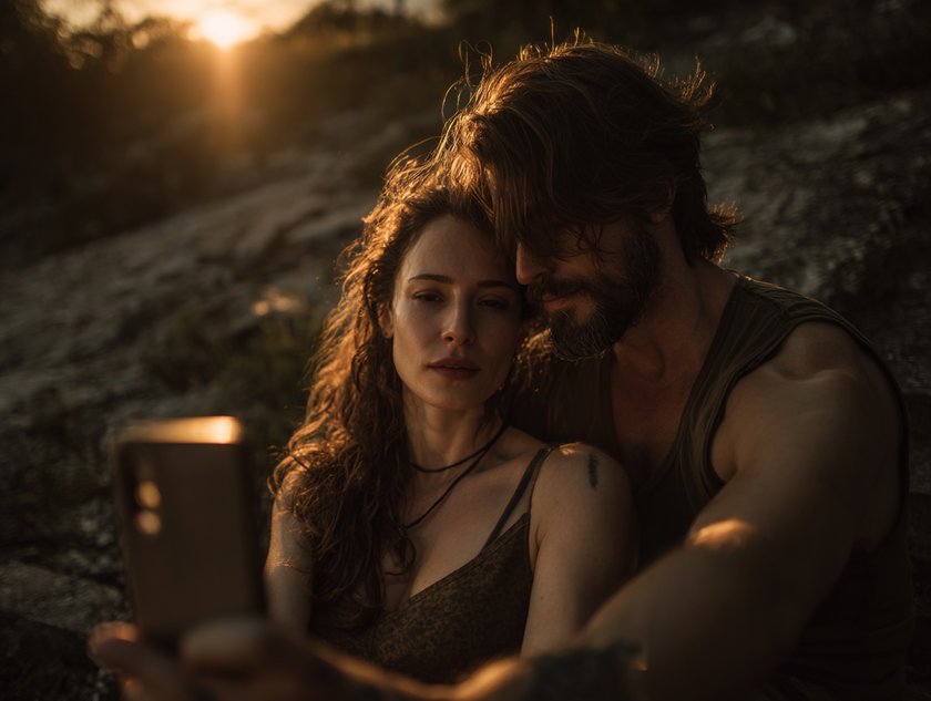 Ein Mann und eine Frau machen bei Sonnenuntergang ein Foto von sich