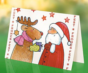 Weihnachtskarte mit Rentier- und Weihnachtsmann-Motiv basteln